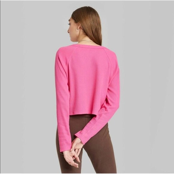 Wild Fable Women's Long Sleeve V-Neck Waffle Boxy T-Shirt Pink Medium - Picture 3 of 5